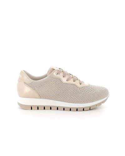 DEPORTIVO CUERO NATURAL METALIZADO Y TELA BEIGE