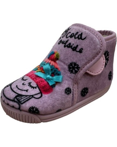 ZAPATILLA DE CASA TIPO BOTA CIERRE CINTA GORRO LANA ESTAMPADO MORADO