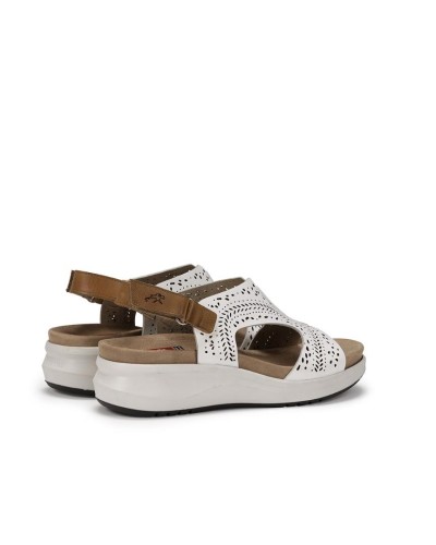 SANDALIA CUÑA BAJA PIEL TIBET BLANCO CAMEL